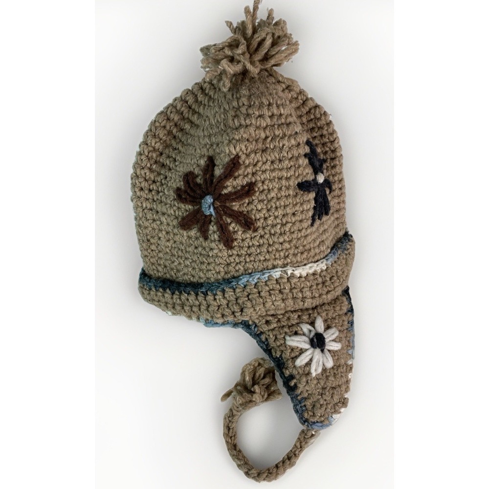 Shupaca Brown Floral Knit Alpaca Blend Ear Flap Hat Handmade in Ecuador